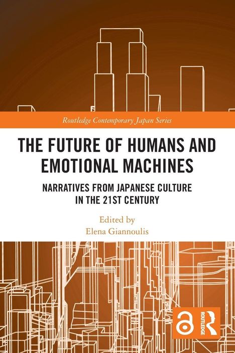 "The Future of Humans and Emotional Machines" - Narratives from Japanese Culture. Orangene Skyline auf dunklem Hintergrund.