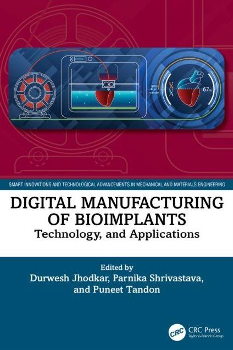 Der Text "DIGITAL MANUFACTURING OF BIOIMPLANTS" steht im Zentrum. Oben technische Illustrationen mit Herz und Technologie.