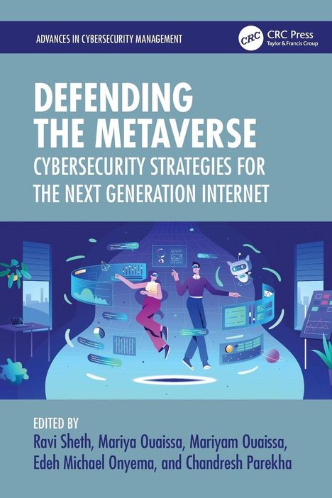 "DEFENDING THE METAVERSE: CYBERSECURITY STRATEGIES FOR THE NEXT GENERATION INTERNET." Zwei Personen mit VR-Brillen vor digitalen Grafiken.