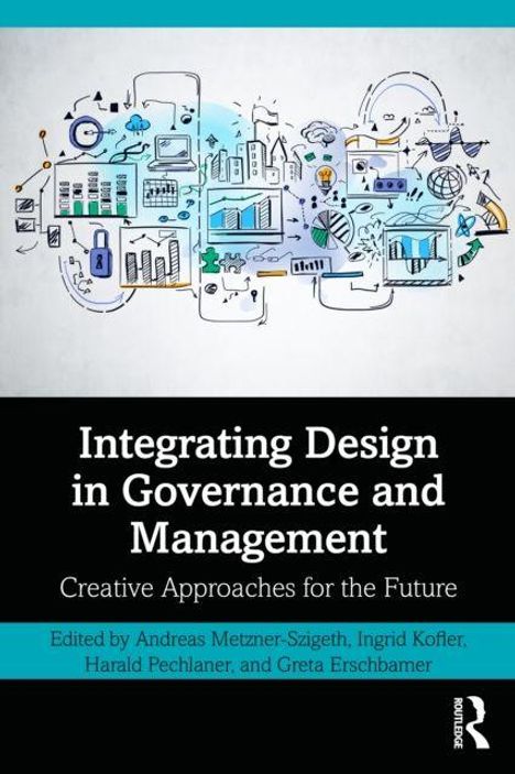 "Integrating Design in Governance and Management: Creative Approaches for the Future." Bunte Skizzen von Gebäuden und Grafiken.