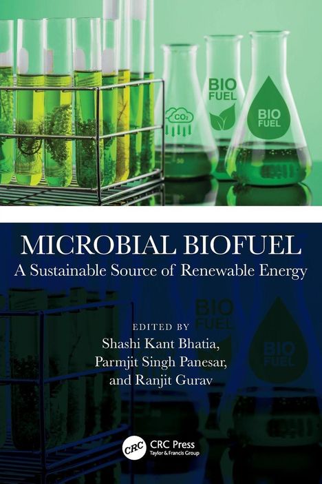 "Microbial Biofuel: A Sustainable Source of Renewable Energy"; Reagenzgläser mit grüner Flüssigkeit, Aufschrift "Bio Fuel".