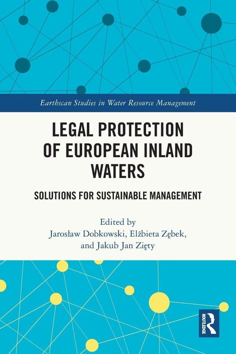 „Legal Protection of European Inland Waters“, blauer Hintergrund mit gelben und blauen Kreisen und Linien.