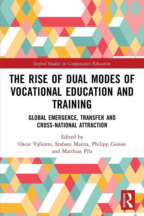 Titel: "The Rise of Dual Modes of Vocational Education and Training." Bunte geometrische Muster und Routledge-Logo.