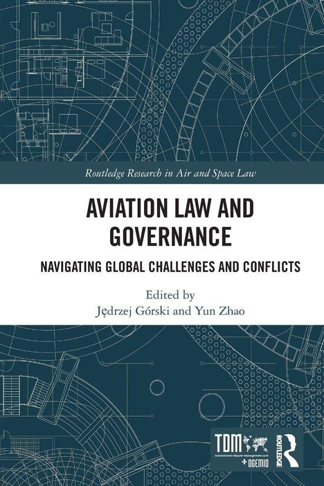 Titel: "Aviation Law and Governance". Hintergrund: Blaupausen von technischen Zeichnungen.