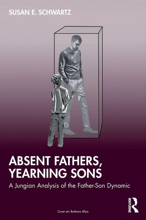Titel: Absent Fathers, Yearning Sons. Illustration: Kind blickt auf Mann in Glaskasten, symbolhaft.