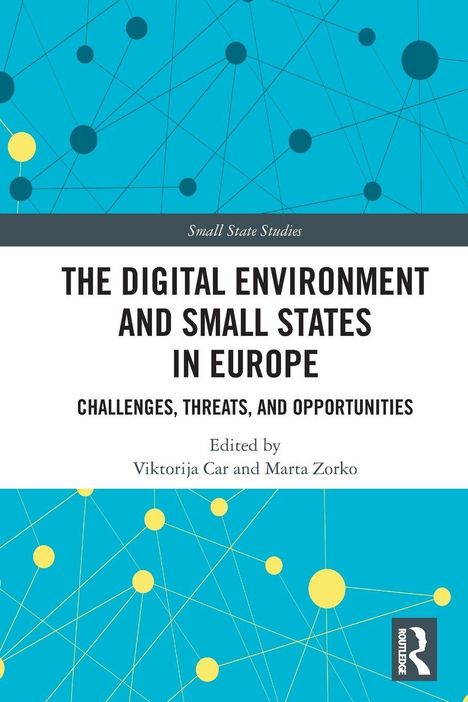 "The Digital Environment and Small States in Europe", blaues Muster mit gelben Punkten und Linien, Logo unten rechts.