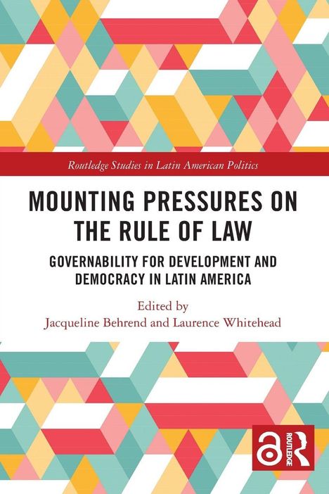 Text: "Mounting Pressures on the Rule of Law". Geometrische Muster; Logo unten rechts.