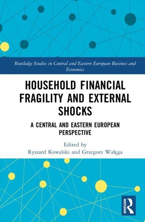 Titel: "Household Financial Fragility and External Shocks". Herausgegeben von Ryszard Kowalski und Grzegorz Wałęga. Hintergrund: Blau mit gelben Kreisen und Linien, etwas wie ein vernetztes Muster.