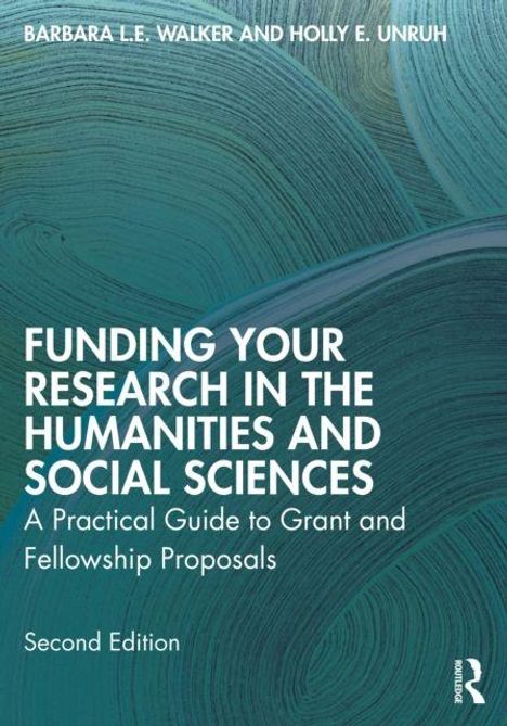 "Funding Your Research in the Humanities and Social Sciences" steht in weißen Buchstaben auf einem abstrakten blauen Hintergrund.