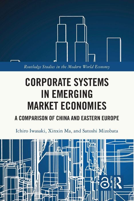 "Corporate Systems in Emerging Market Economies" ist der Titel. Skizze von weißen Gebäuden auf blauem Hintergrund.