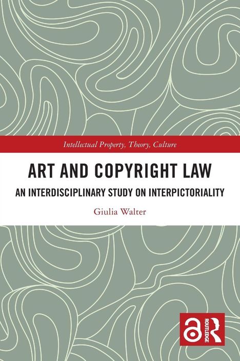 "Art and Copyright Law" steht auf abstraktem Hintergrund mit Linien und einem roten Logo unten rechts.