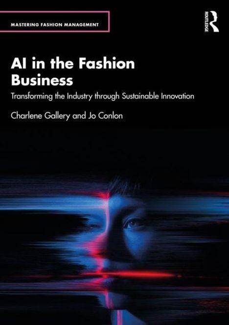 "AI in the Fashion Business" zeigt ein Gesicht mit blauen und roten Lichteffekten, Titel oben, Personen unten.