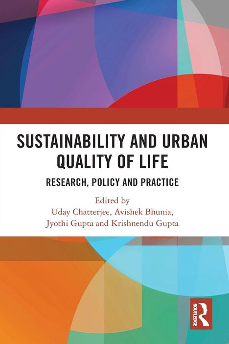 "SUSTAINABILITY AND URBAN QUALITY OF LIFE" steht in großen Buchstaben. Buntes, abstraktes Design im Hintergrund. Logo unten rechts.