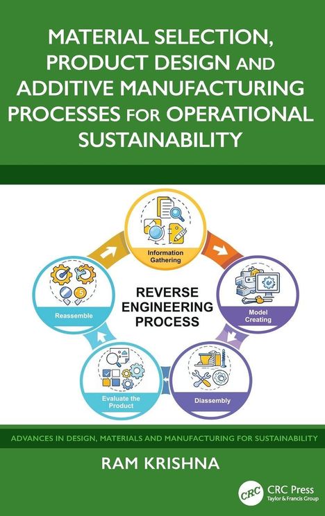 Covertext: "Material Selection, Product Design and Additive Manufacturing Processes for Operational Sustainability" von Ram Krishna. Illustration: Kreisprozess mit Phasen wie "Information Gathering", "Model Creating".