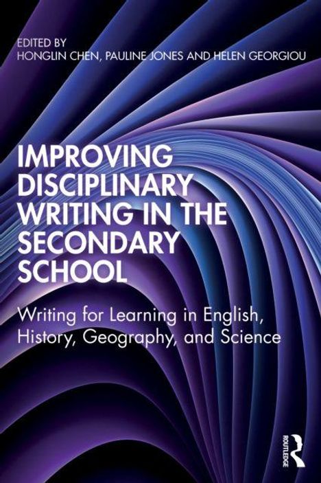 Titel: "Improving Disciplinary Writing in the Secondary School." Hintergrund: Abstrakte violette und blaue Wellen.