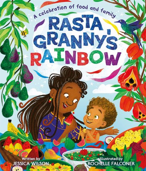 „RASTA GRANNY'S RAINBOW“: Eine ältere Frau und ein Kind essen buntes Obst, umgeben von Pflanzen und Tieren.