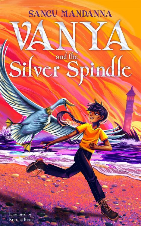 „Sangu Mandanna Vanya and the Silver Spindle.“ Kind läuft mit einer großen Gans, farbenfroher Himmel, Leuchtturm im Hintergrund.