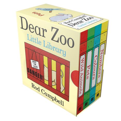 "Dear Zoo Little Library" von Rod Campbell. Auf der Vorderseite ein roter Käfig mit "DANGER!". Enthält vier Bücher.