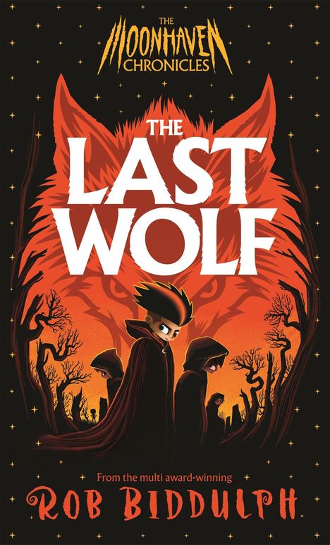 „The Moonhaven Chronicles: The Last Wolf“. Illustration mit Figuren vor Wolfssilhouette und Bäumen, im Stil eines Buchcovers.