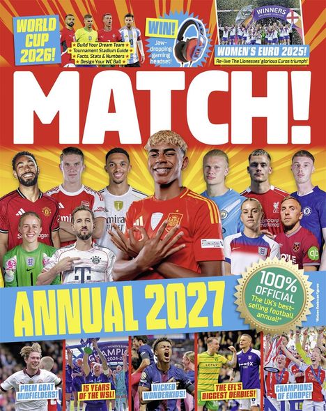 Titel: "MATCH! ANNUAL 2027". Fußballthemen mit Spielern in bunten Trikots. Starkes, dynamisches Layout.