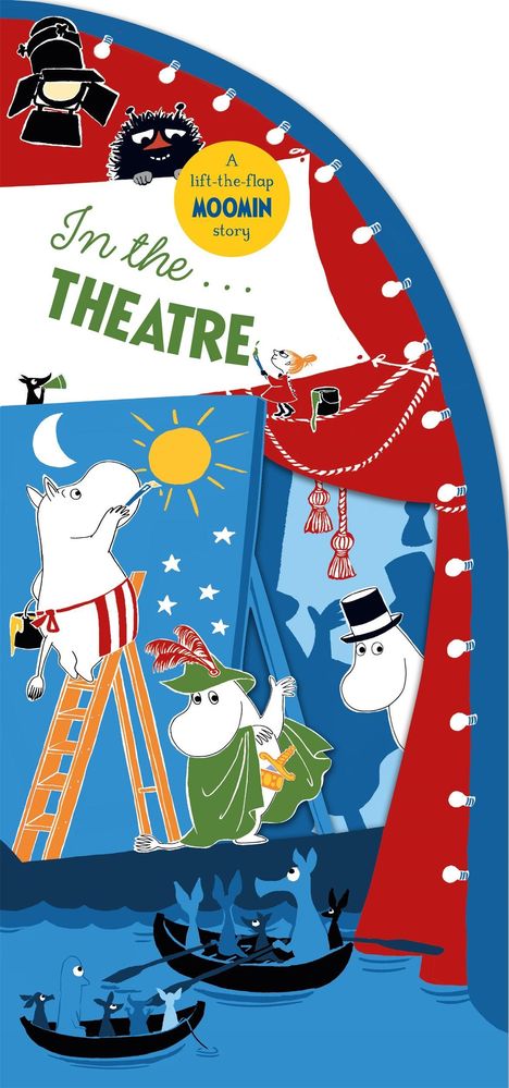 „In the Theatre“. Illustration mit Moomin-Figuren auf Theaterbühne.