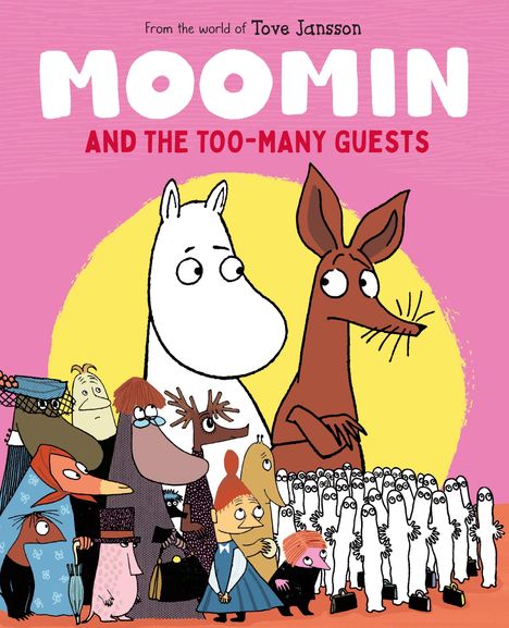 „Moomin and the Too-Many Guests“ - Zwei große Cartoonfiguren umgeben von kleineren, skurrilen Charakteren.