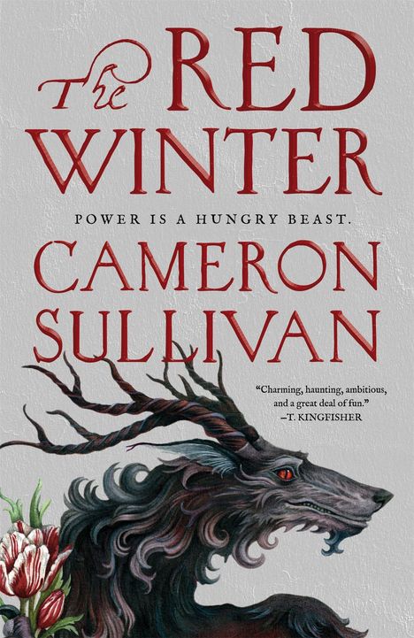 "The Red Winter", "Power is a hungry beast", "Cameron Sullivan". Illustration eines schwarzen, wolfsähnlichen Wesens.