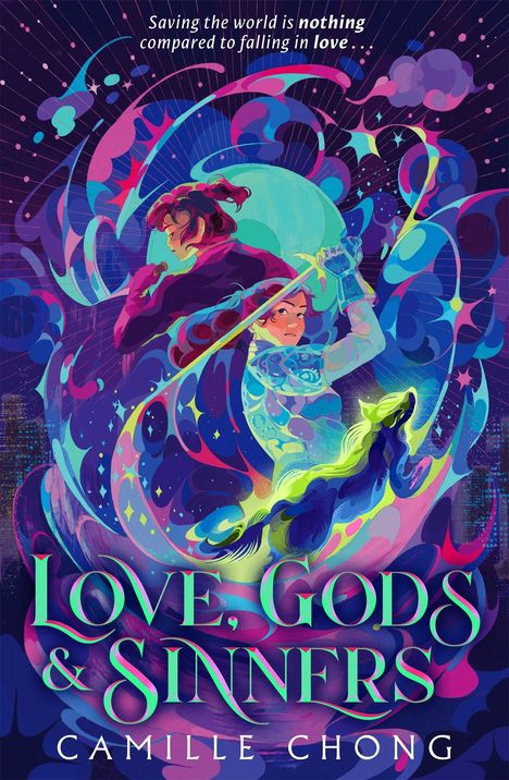 „Saving the world is nothing compared to falling in love.“ Bunte Illustration mit zwei kämpferischen Personen und Hund.
