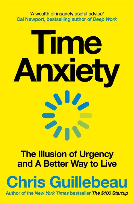 „Time Anxiety“ in großer schwarzer Schrift, darunter ein blau-grünes Kreis-Icon. Gelber Hintergrund.