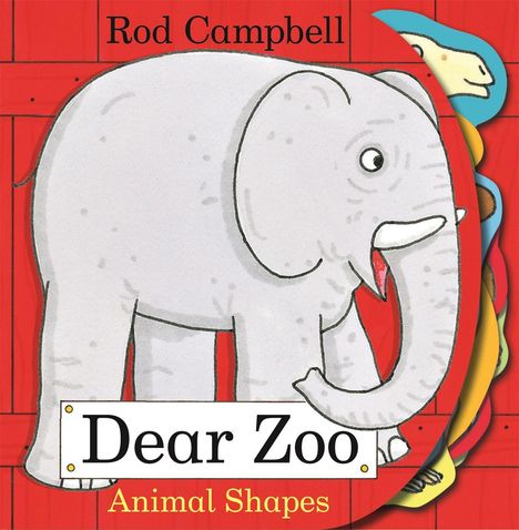 „Rod Campbell Dear Zoo animal shapes“ auf einem Schild vor einem roten Hintergrund. Ein Affe hält eine Banane.