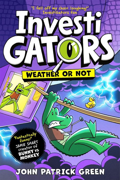 „InvestiGators: Weather or Not“, Illustration mit Krokodilen in einem Sturm. Markenname oben, Autorenname unten.