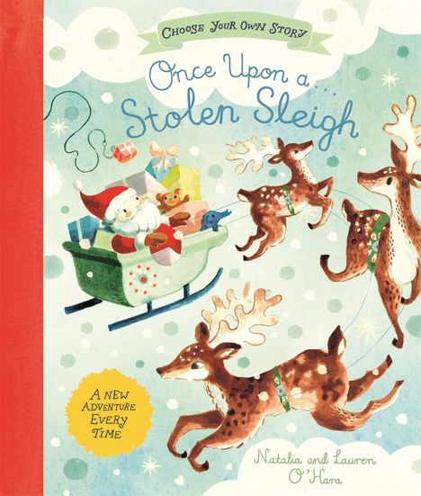 „Once Upon a Stolen Sleigh“ in blauer Schrift, Santa im Schlitten mit Geschenken, gezogen von Rentieren.
