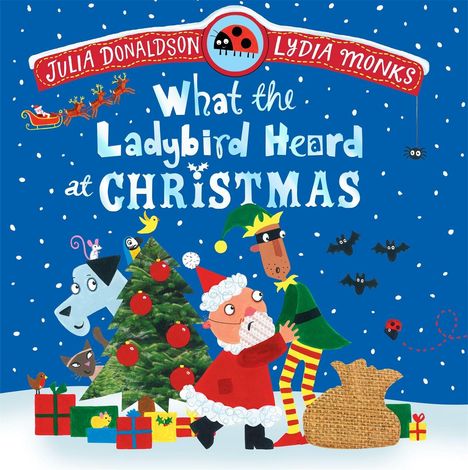 Ein Weihnachtsbuch-Cover mit Santa, Geschenken, Schneeflocken und fröhlichen Tieren vor einem Weihnachtsbaum.