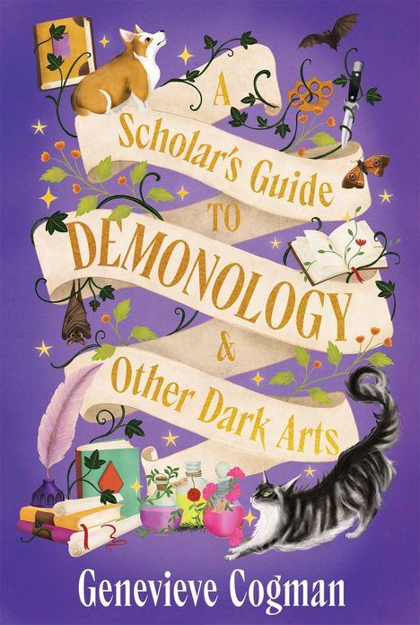 Text: "A Scholar's Guide to Demonology & Other Dark Arts." Illustration mit Hund, Katze, Bücherstapel, Fledermaus und Pflanzen.