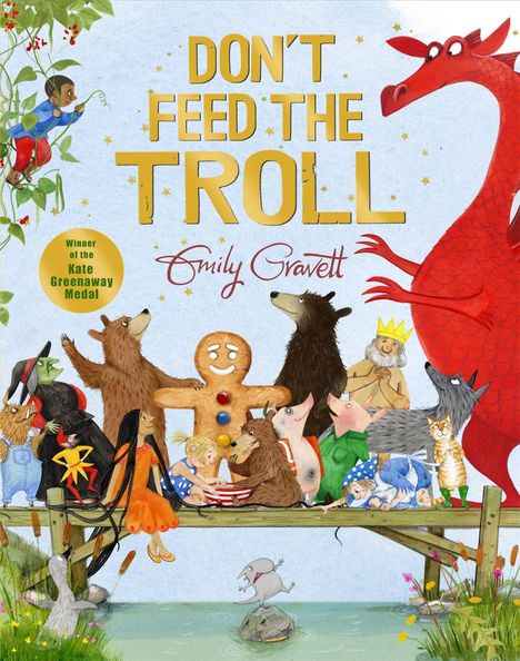 "Don't Feed the Troll." Ein Drache und viele Tiere stehen auf einem Steg über Wasser mit Pflanzen am Rand.