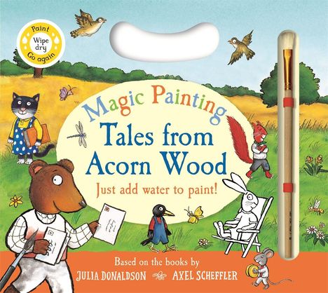 "Magic Painting: Tales from Acorn Wood. Just add water to paint!" zeigt Tiere in einer Wiese mit Pinsel an der Seite.