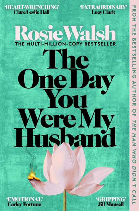 Titel: "The One Day You Were My Husband" von Rosie Walsh. Illustration einer brennenden rosa Blume vor grünem Hintergrund.