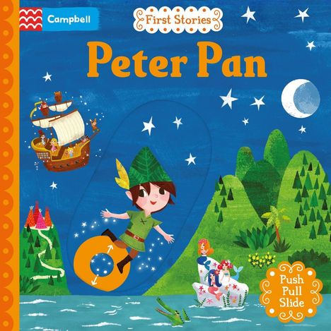 „Peter Pan“ in orange Schrift. Illustration mit Piratenschiff, fliegendem Jungen, Meerjungfrauen und Krokodil vor Berglandschaft.