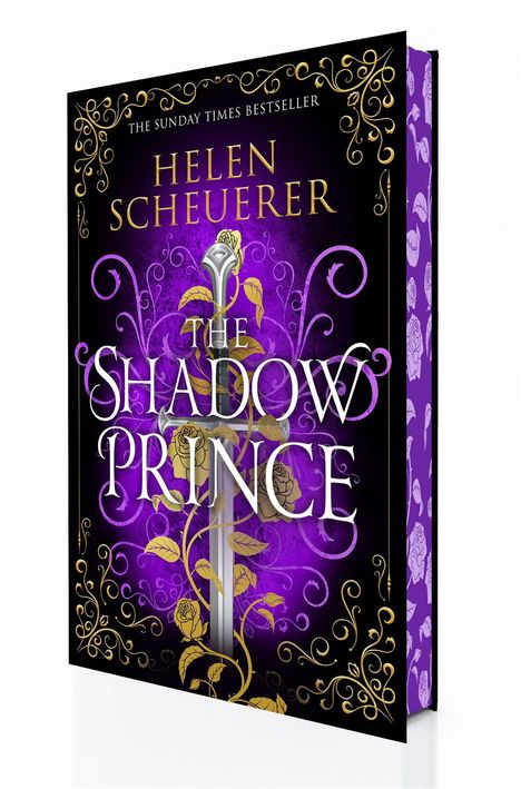 "The Shadow Prince" von Helen Scheuerer. Verziert mit goldenen Ranken um ein Schwert auf lila Hintergrund.