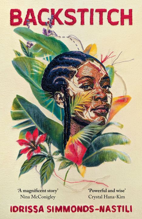 Ein gesticktes Portrait einer Frau umrahmt von bunten Blättern und Blumen mit dem Titel "BACKSTITCH".