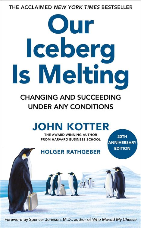 "Our Iceberg Is Melting" steht im Fokus. Illustration: Pinguine auf Eis, einer hält einen Koffer.