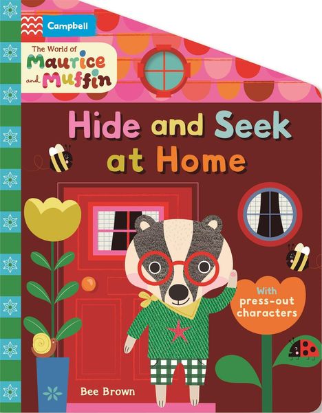 "Hide and Seek at Home", "Bee Brown", "With press-out characters". Illustration: Ein Dachs vor einer bunten Tür.