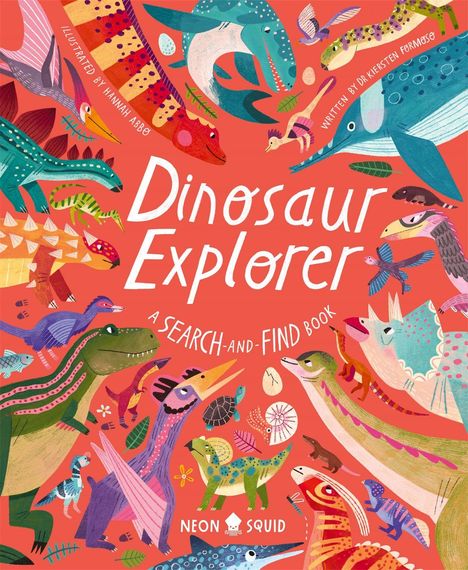 „Dinosaur Explorer: A Search-and-Find Book“. Illustration mit bunten Dinosauriern und Eiern auf rotem Hintergrund.