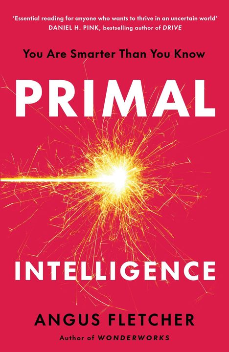 „You Are Smarter Than You Know. PRIMAL INTELLIGENCE. ANGUS FLETCHER.“ Helle Funken auf rotem Hintergrund.