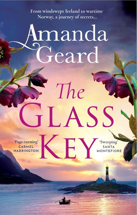 „The Glass Key“ von Amanda Geard. Farbenfrohe Landschaft im Sonnenuntergang, mit Blumen, See und Leuchtturm.