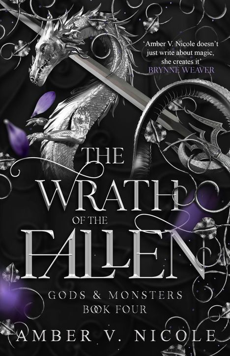 'The Wrath of the Fallen', 'Gods & Monsters Book Four', Autor: Amber V. Nicole. Ein stilisierter Drache mit floralen Elementen.