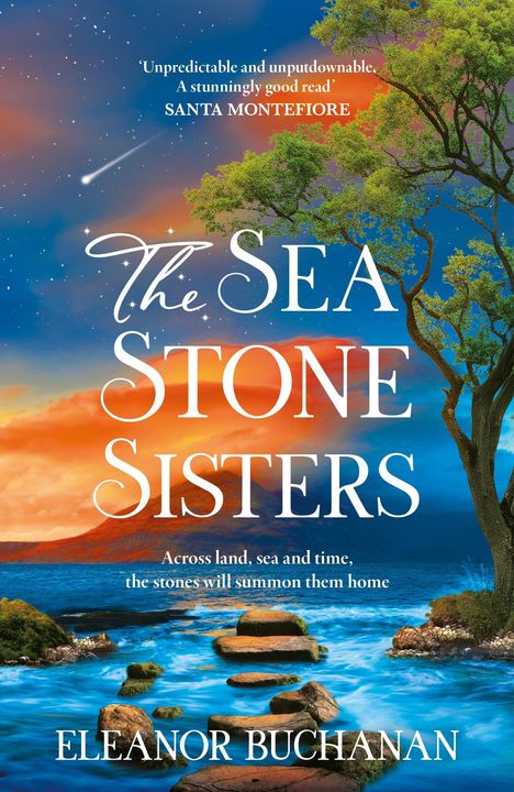 „The Sea Stone Sisters“ von Eleanor Buchanan. Ein Pfad aus Steinen führt durch blauen Ozean zu einem Vulkan im Hintergrund.