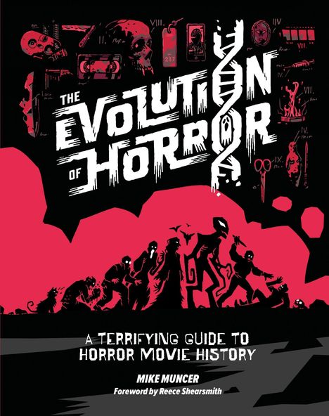 Text: The Evolution of Horror, A Terrifying Guide to Horror Movie History, Mike Muncer. Illustration mit gruseligen Figuren.