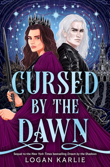 "Cursed by the Dawn" oben, "Sequel to...Dream by the Shadows" unten. Illustration: Zwei Personen, Schwert, Fantasy-Hintergrund.