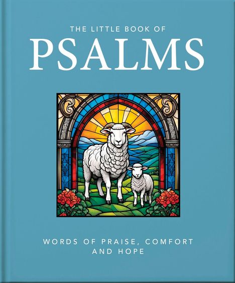 Titel: "The Little Book of Psalms". Illustration: Zwei Schafe vor einem farbenfrohen, architektonischen Hintergrund.
